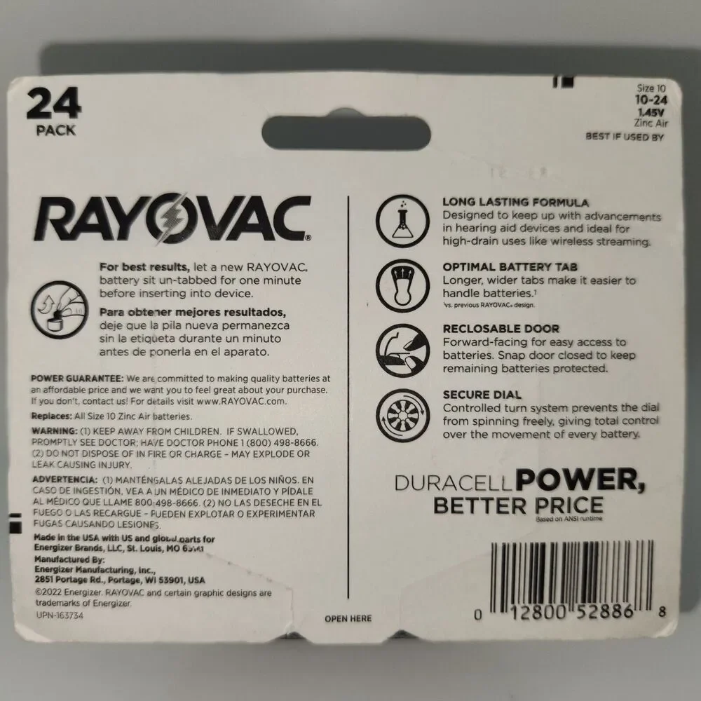 Rayovac Zinc Air Hearing Aid Batteries, Size 10 (24 Pack)